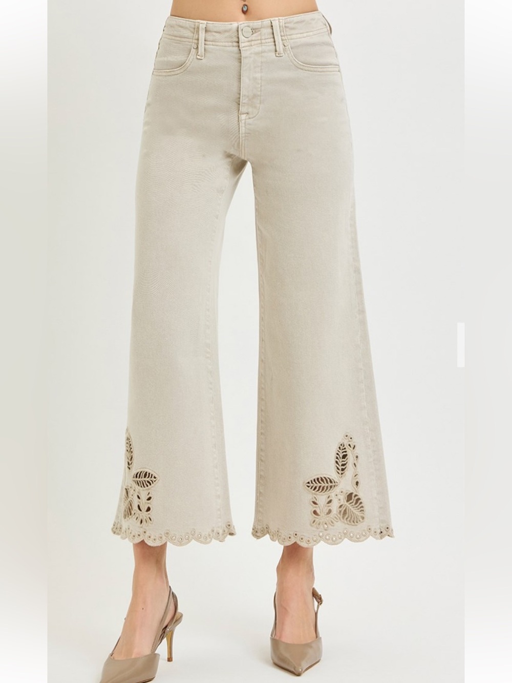 176 RISEN TUMMY CONTROL HIGH RISE CROP WIDE EYELET-EMBROIDERED HEM PANTS